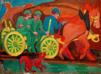 Attelage de chevaux avec trois paysans